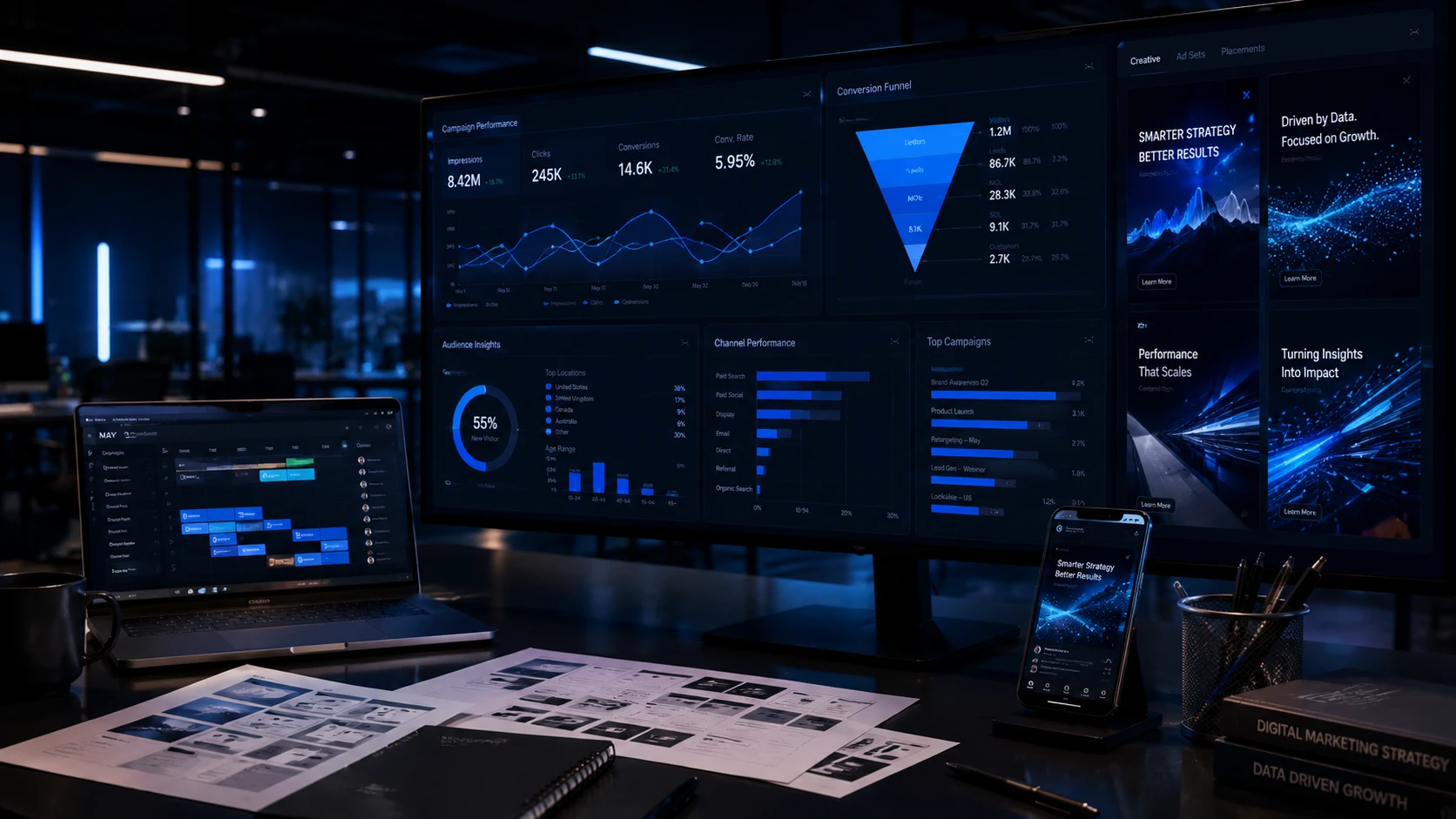 Digital marketing performance dashboard showing campaign analytics across devices