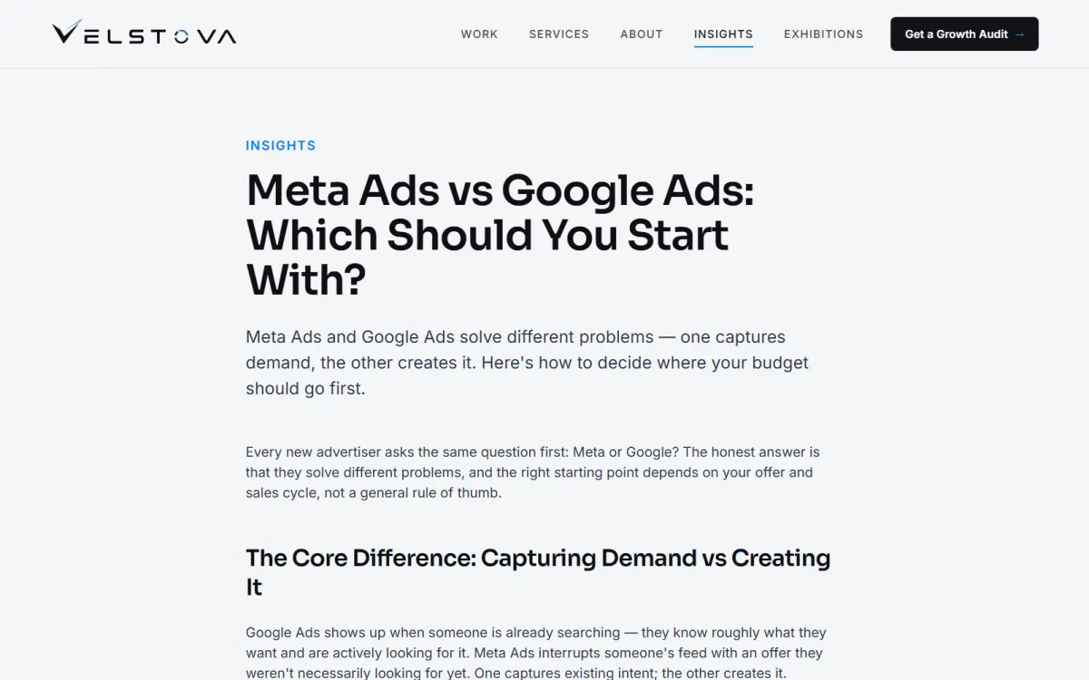 Velstova insights article: Meta Ads vs Google Ads: which should you start with?