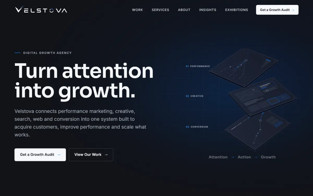 The velstova.com homepage on desktop.