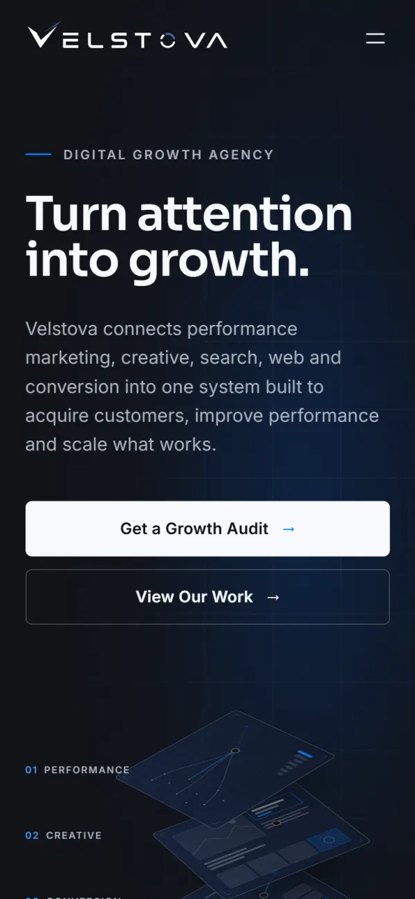 The velstova.com homepage on mobile.